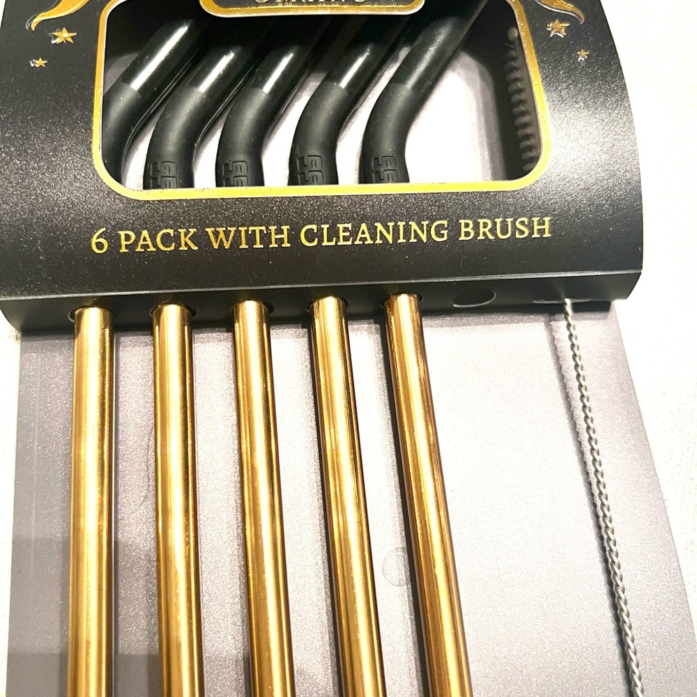 New Gold & Black Set of 5 Pack Stainless Steel Straws Cleaning Brush Reusable